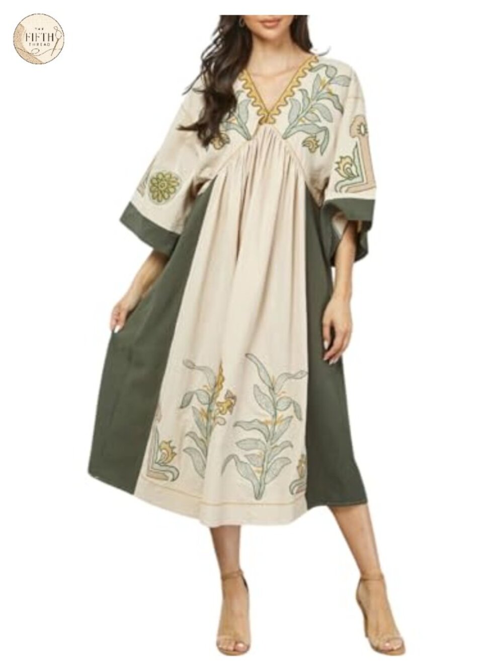 Womens Embroidered Babydoll Dress V-Neck 3/4 Sleeve Cotton Linen Midi